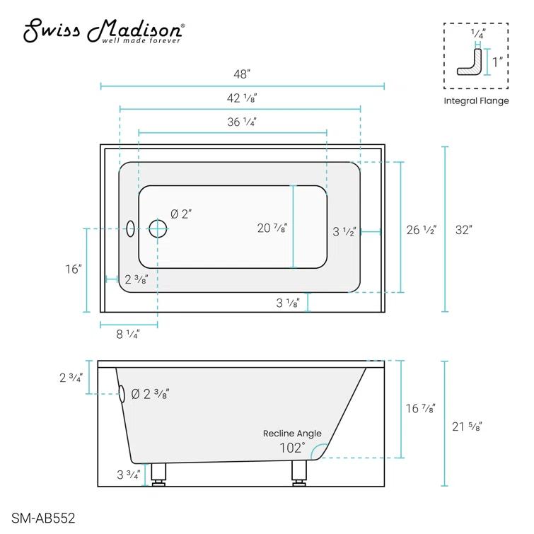 Voltaire 48" x 32" Alcove Bathtub with Apron