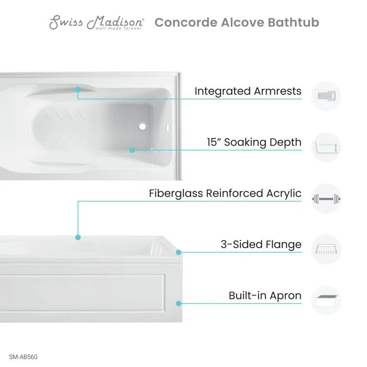 Concorde 60" x 32" Acrylic Glossy White, Alcove, Integral, Apron Bathtub