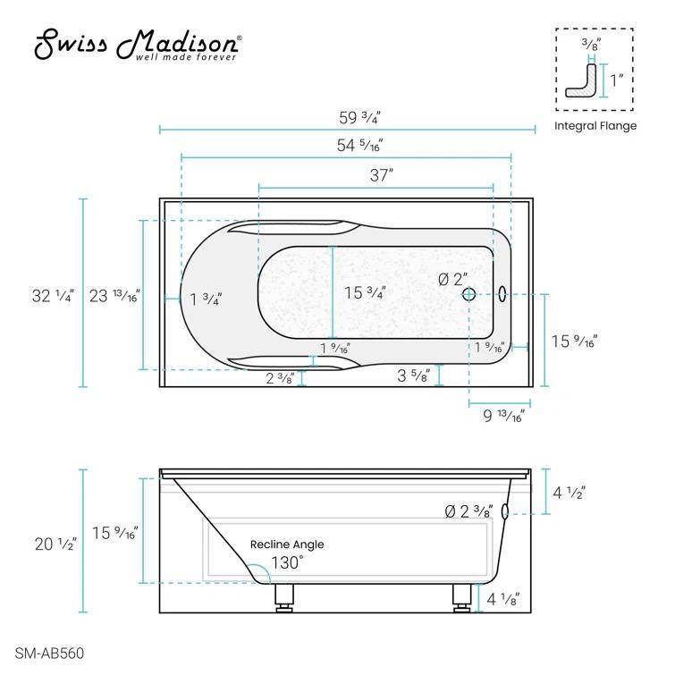 Concorde 60" x 32" Acrylic Glossy White, Alcove, Integral, Apron Bathtub