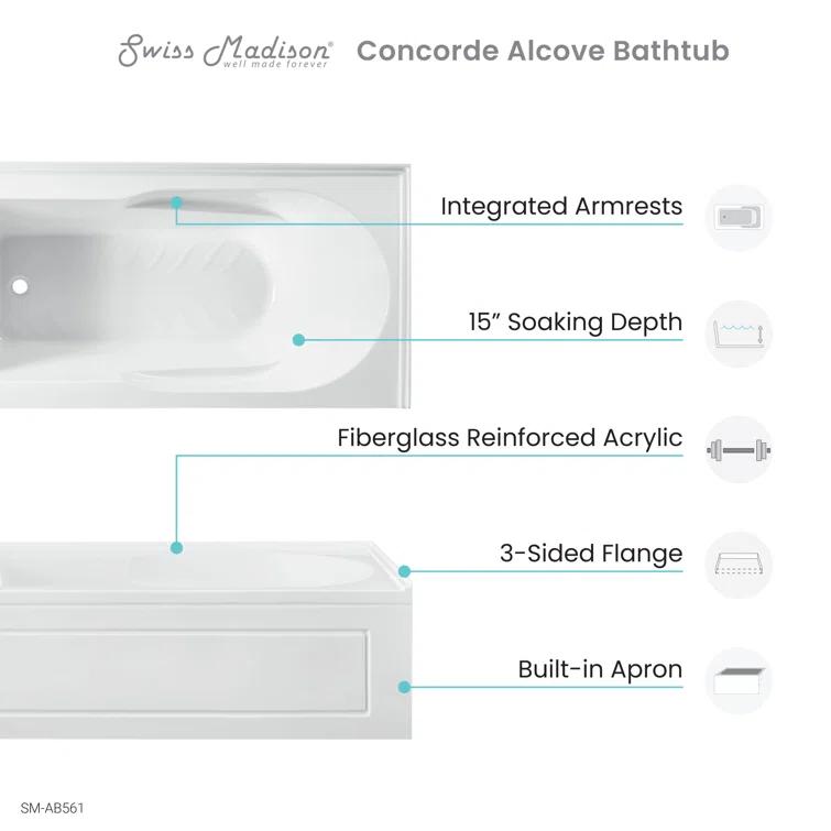 Concorde 60" x 32" Acrylic Glossy White, Alcove, Integral, Apron Bathtub