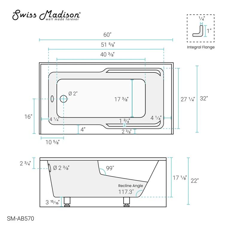 Claire 60" x 32" Alcove Tub with Corner Apron