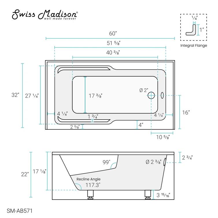 Claire 60" x 32" Alcove Tub with Corner Apron