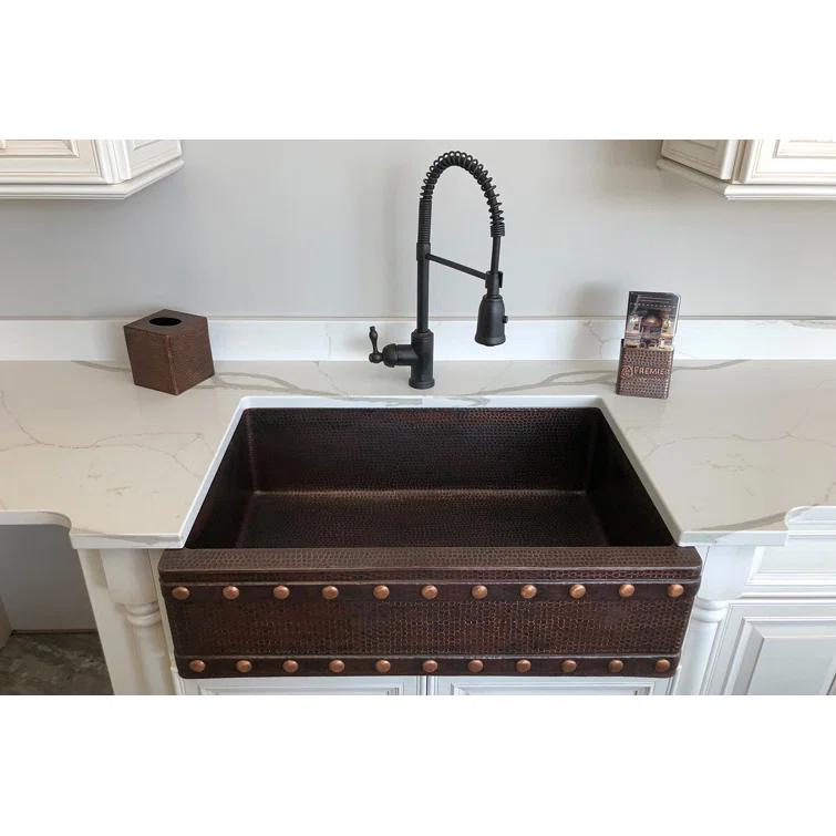 33" Hammered Copper Apron Front Single Basin Kitchen Sink w/ Barrel Strap Design
