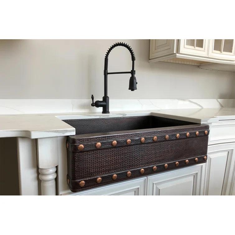 33" Hammered Copper Apron Front Single Basin Kitchen Sink w/ Barrel Strap Design