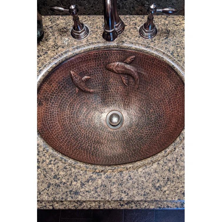 19" Oval Under Counter Hammered Copper Bathroom Sink with Koi Fish Design
