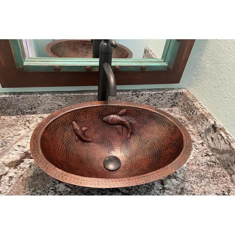 19" Oval Under Counter Hammered Copper Bathroom Sink with Koi Fish Design