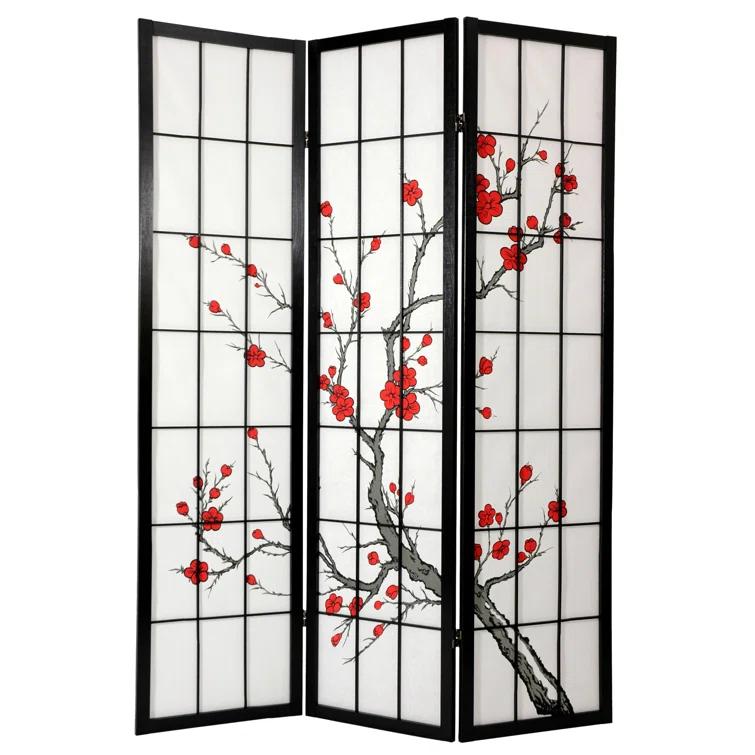 Oriental Furniture 6' Tall Blossom Shoji Screen 3 Panels Black: Japanese Style Privacy & Decor