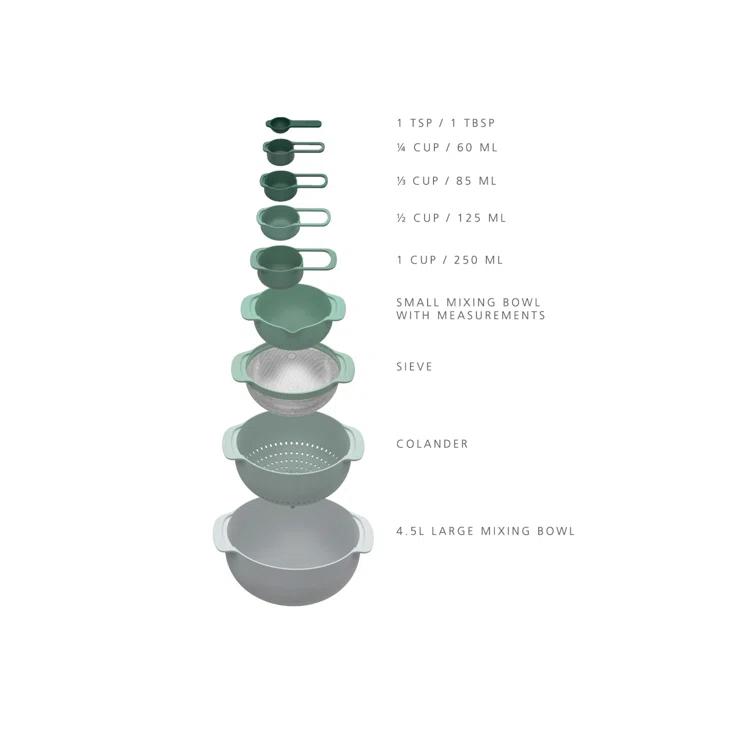 Joseph Joseph Nest 9 Plus, 9 Piece Compact Food Preparation Set with Mixing Bowls, Measuring cups, Sieve and Colander, Editions Range, Sage Green