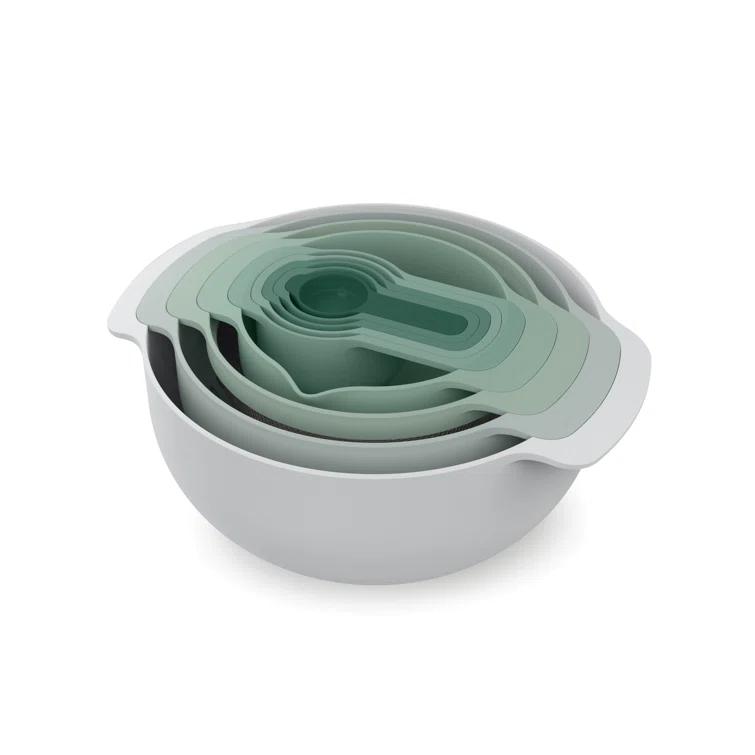 Joseph Joseph Nest 9 Plus, 9 Piece Compact Food Preparation Set with Mixing Bowls, Measuring cups, Sieve and Colander, Editions Range, Sage Green