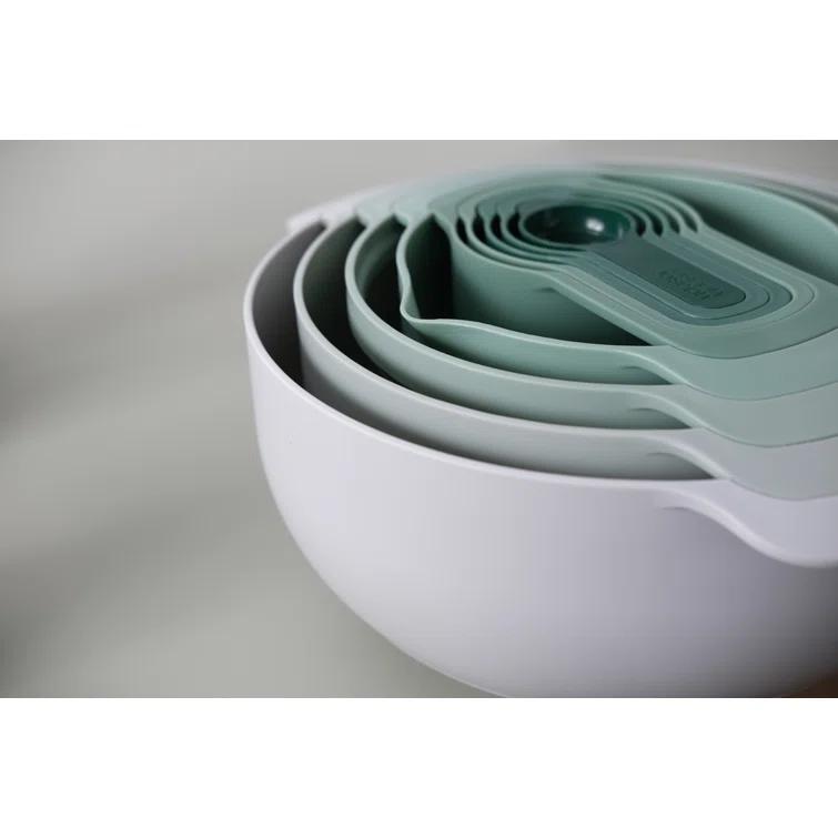 Joseph Joseph Nest 9 Plus, 9 Piece Compact Food Preparation Set with Mixing Bowls, Measuring cups, Sieve and Colander, Editions Range, Sage Green