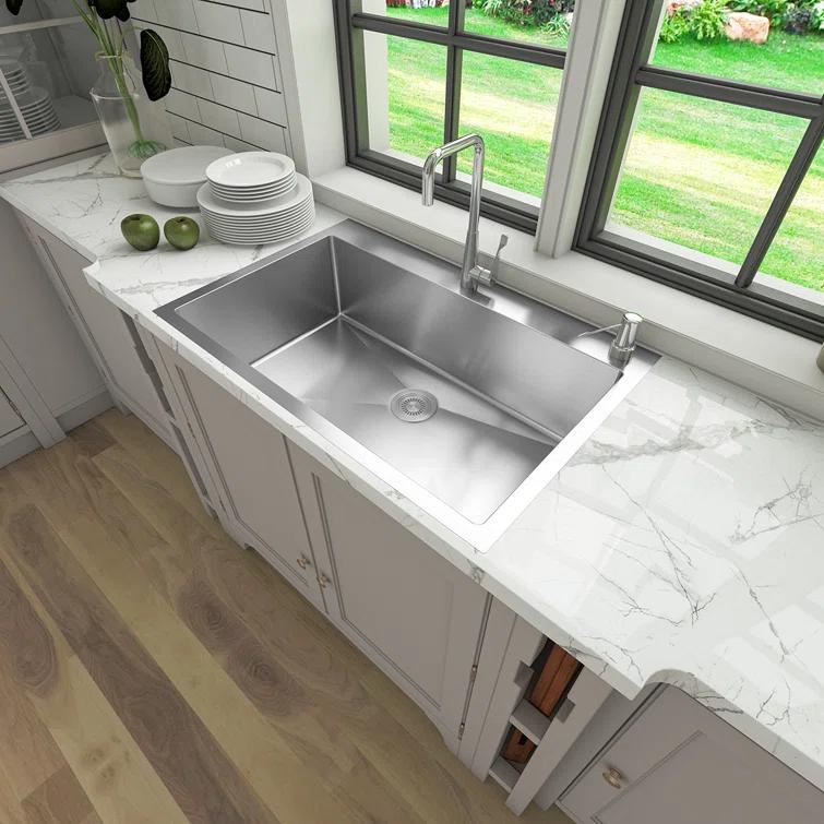 Sinber 33" x 22" Drop In Single Bowl Kitchen Sink with 18 Gauge 304 Stainless Steel Finish