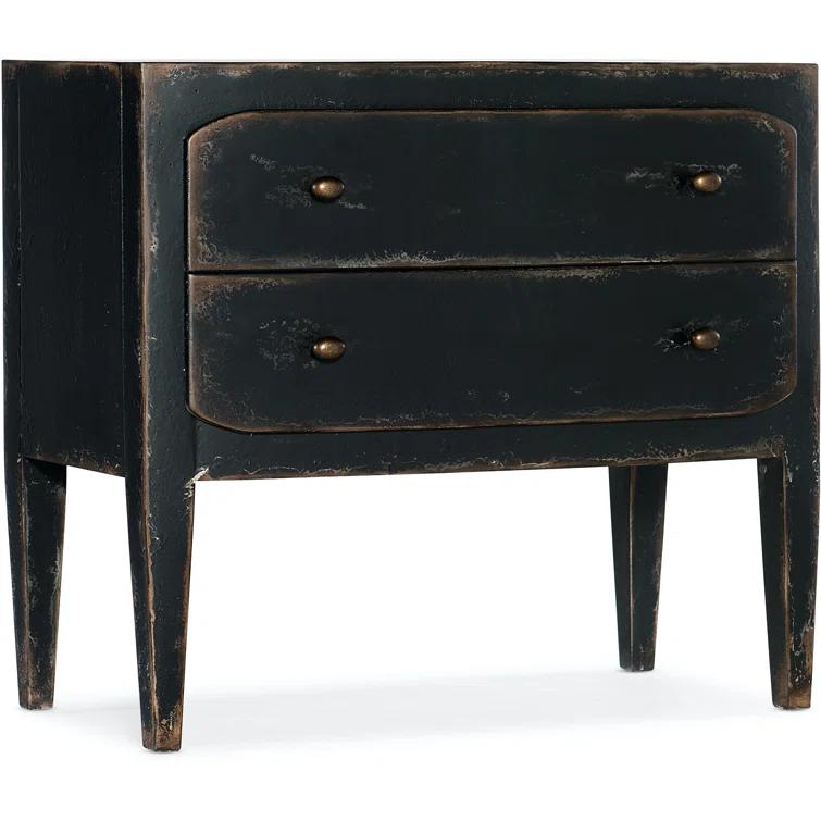 Distressed Black 34" Wood Two-Drawer Nightstand with USB Port