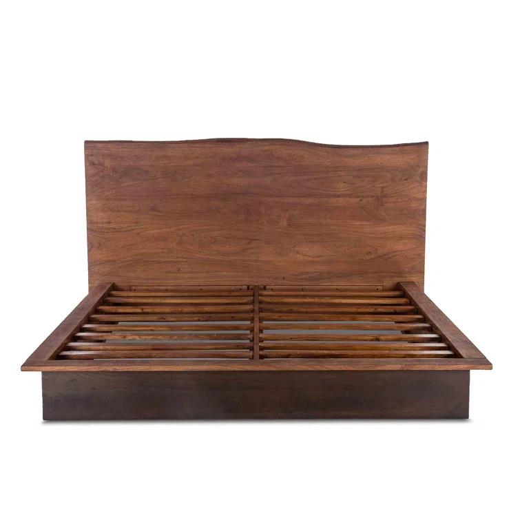 Acacia Wood Queen Bed with Live Edge Headboard in Raw Walnut Finish