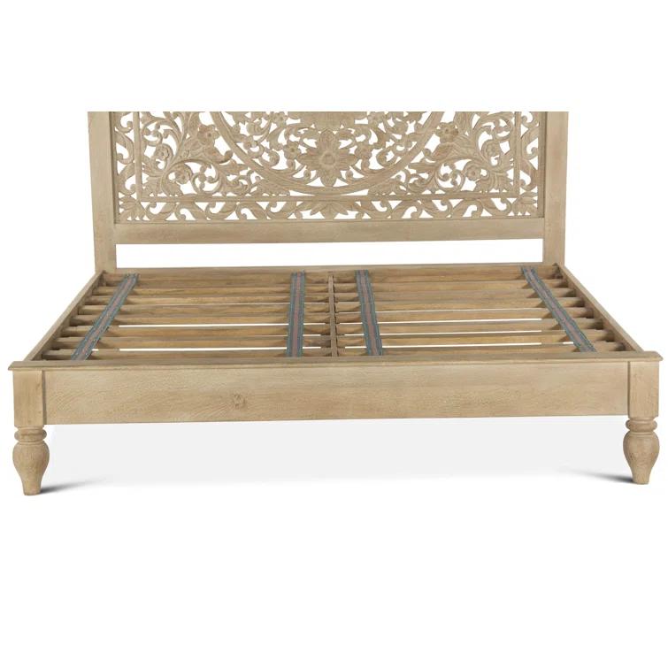 Transitional Heirloom Mango Wood Queen Platform Bed with Carved Headboard