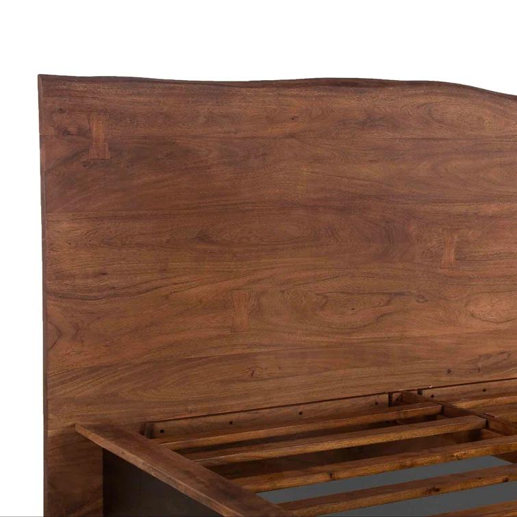 Acacia Wood Queen Bed with Live Edge Headboard in Raw Walnut Finish
