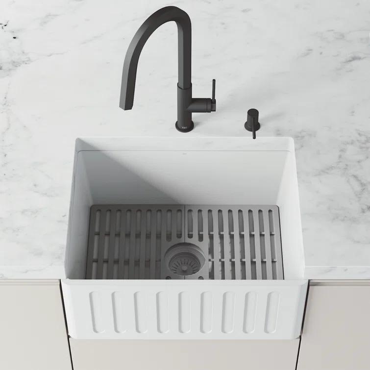 Matte Stone 24" L x 18" W Single Bowl Farmhouse Kitchen Sink with Basket Strainer and Silicone Grid