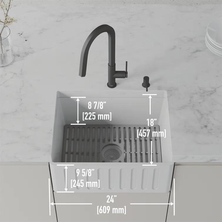 Matte Stone 24" L x 18" W Single Bowl Farmhouse Kitchen Sink with Basket Strainer and Silicone Grid