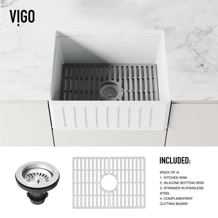 Matte Stone 24" L x 18" W Single Bowl Farmhouse Kitchen Sink with Basket Strainer and Silicone Grid