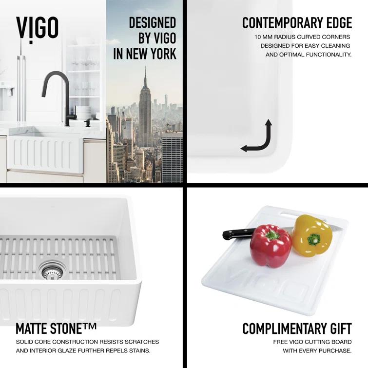 Matte Stone 24" L x 18" W Single Bowl Farmhouse Kitchen Sink with Basket Strainer and Silicone Grid