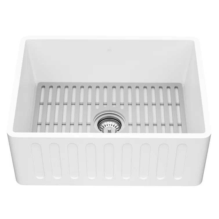 Matte Stone 24" L x 18" W Single Bowl Farmhouse Kitchen Sink with Basket Strainer and Silicone Grid