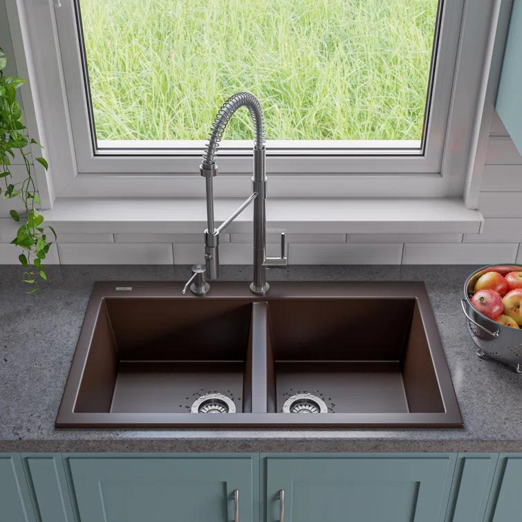33.88'' L Drop-In Double Bowl Granite Kitchen Sink