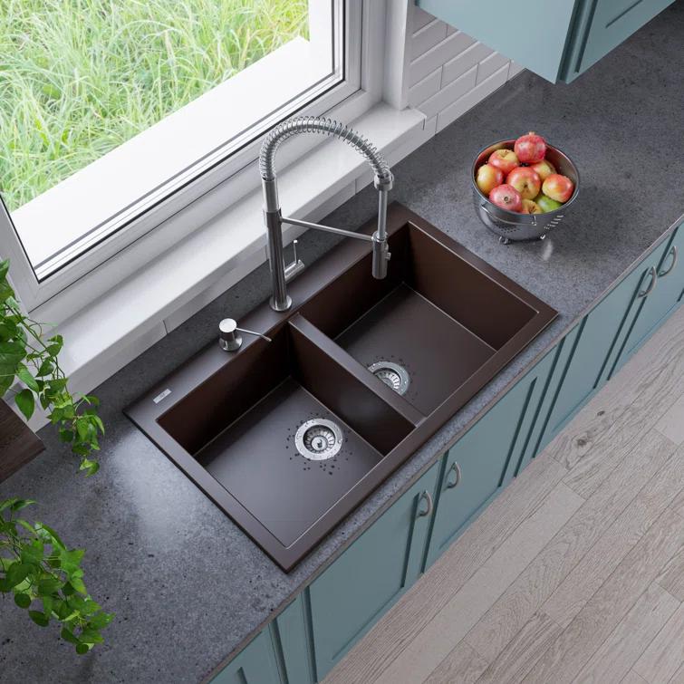33.88'' L Drop-In Double Bowl Granite Kitchen Sink