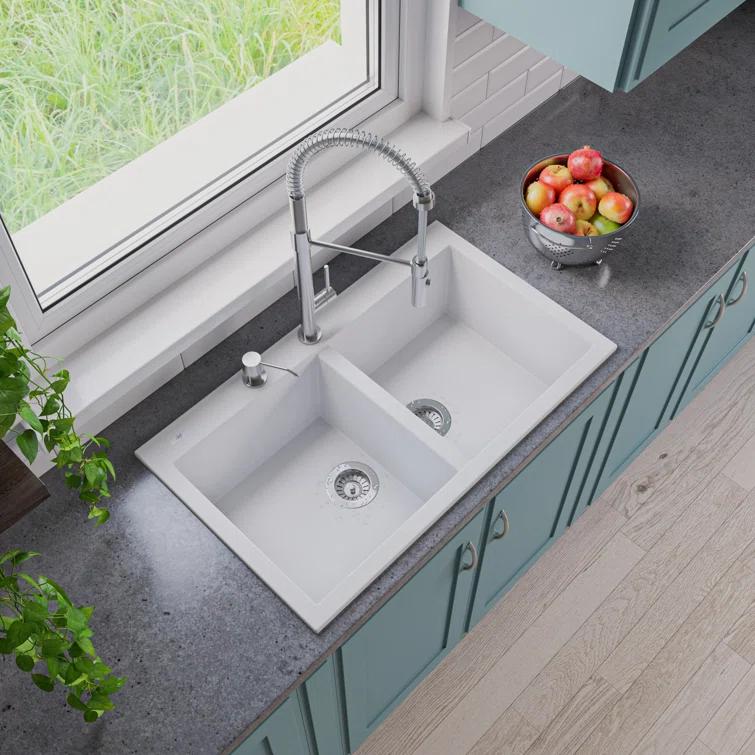 34'' L Drop-In Double Bowl Granite Kitchen Sink