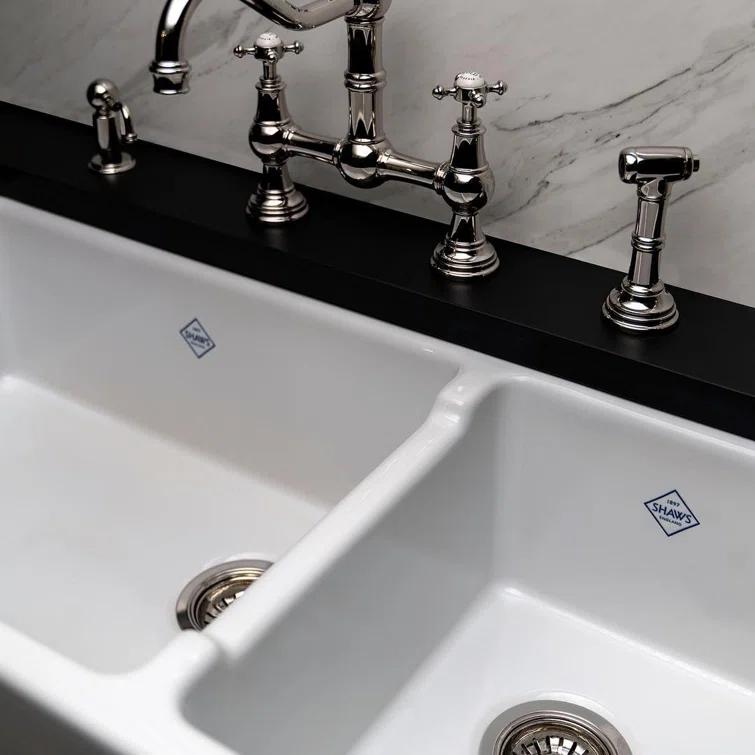 Shaws RC4019WH Lancaster 40" Double Bowl Farmhouse Apron Front Fireclay Kitchen Sink