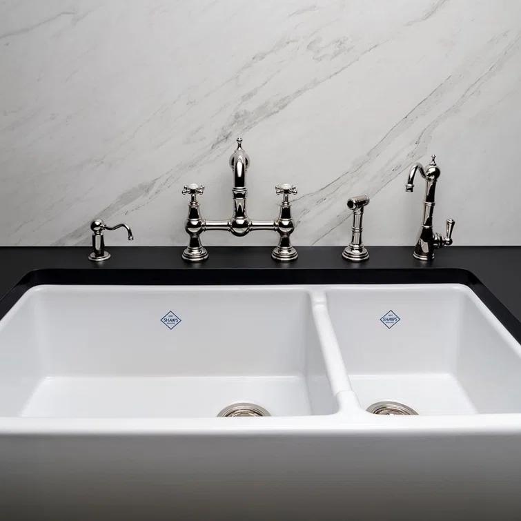 Shaws RC4019WH Lancaster 40" Double Bowl Farmhouse Apron Front Fireclay Kitchen Sink