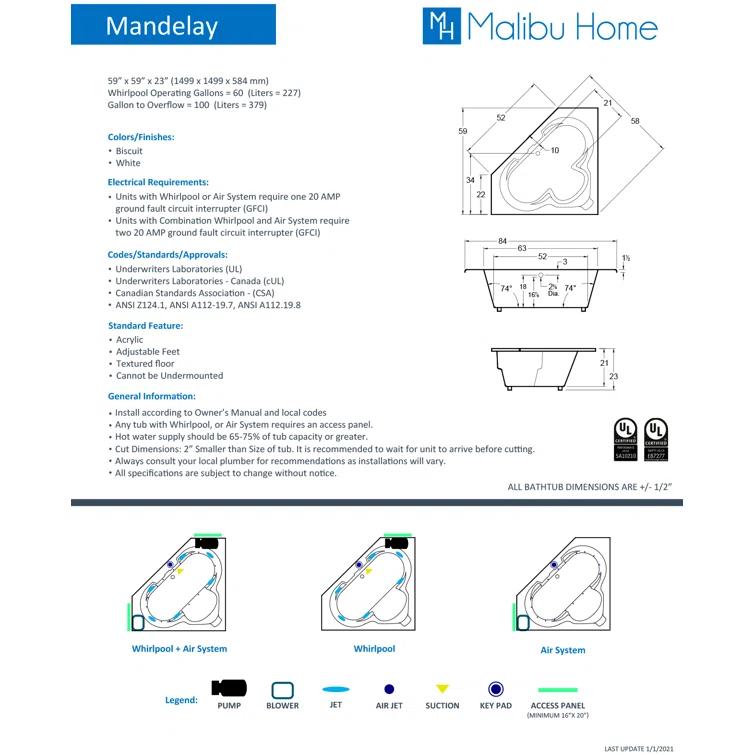 Malibu Home MHMD5959A01 Mandelay 59" x 59" Corner Air Acrylic Bathtub