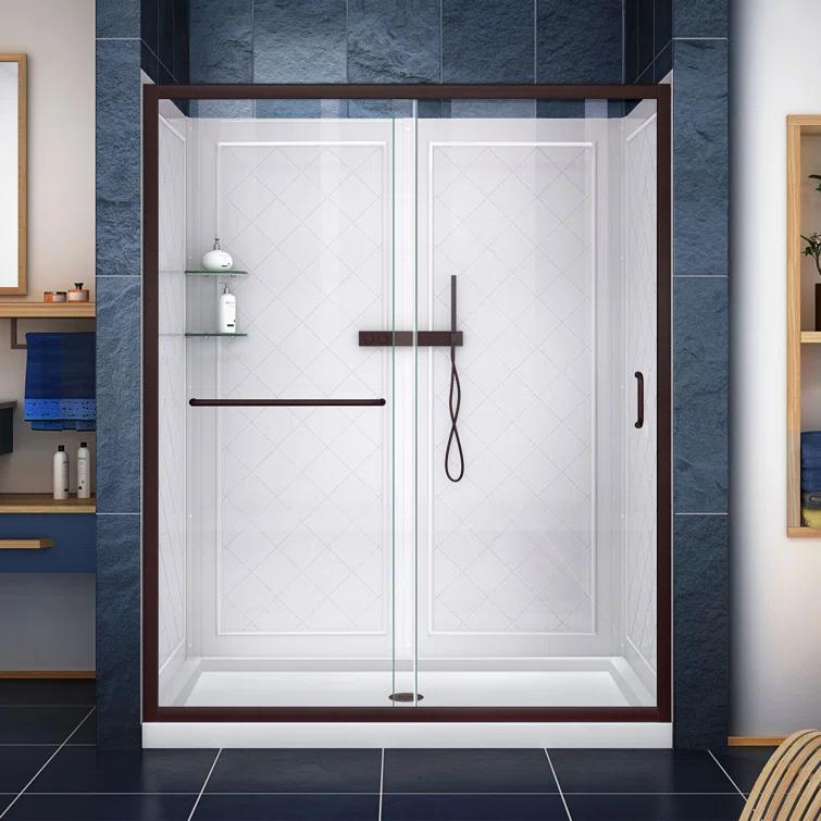Infinity-Z 60" W x 30" D x 76.75" H Semi-Frameless Rectangle Shower Enclosure with Towel Bar and Base Included