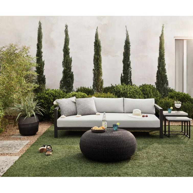 Contemporary Bronze-Finished Teak 87'' Three-Seater Sofa in Stone Grey
