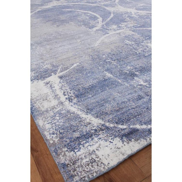 Exquisite Rugs Fine Pure Silk Handmade Hand Knotted Silk Blue/Gray/Ivory Area Rug