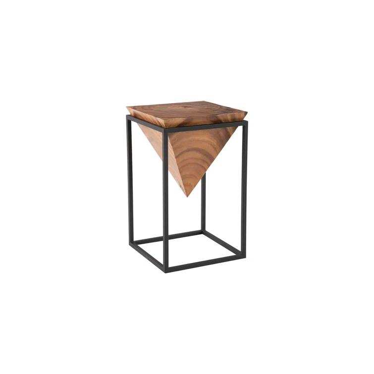 Natural Wood and Black Metal Inverted Pyramid Side Table