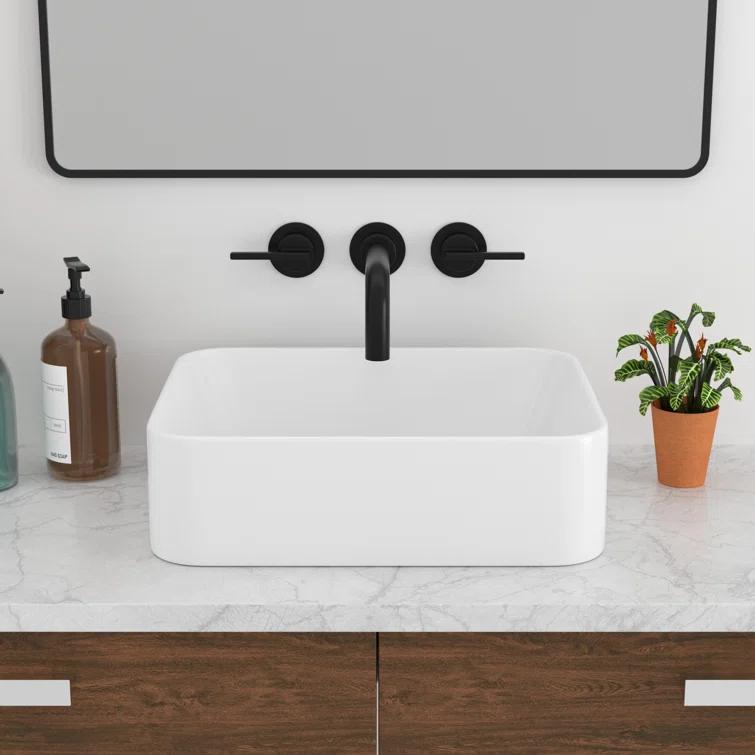 19"L x 15"W White Ceramic Rectangular Bathroom Vessel Sink Drop-in Vanity Sink