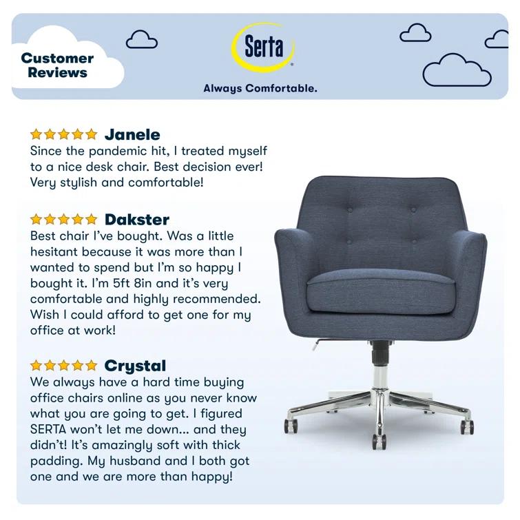 Serta Ashland Modern Office Chair, Mid-Back, Quality Memory Foam Cushion, Metal Base Chrome Finish