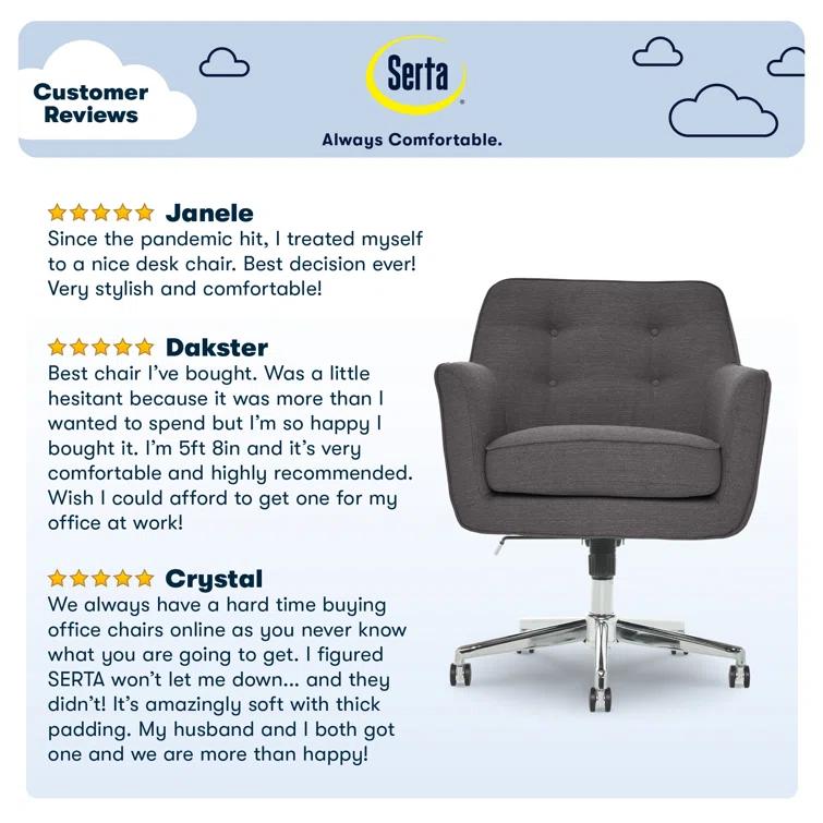 Serta Ashland Modern Office Chair, Mid-Back, Quality Memory Foam Cushion, Metal Base Chrome Finish