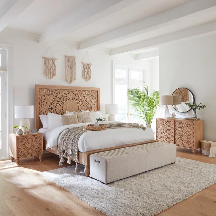 Transitional Heirloom Mango Wood Queen Platform Bed with Carved Headboard