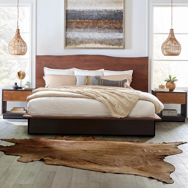 Acacia Wood Queen Bed with Live Edge Headboard in Raw Walnut Finish