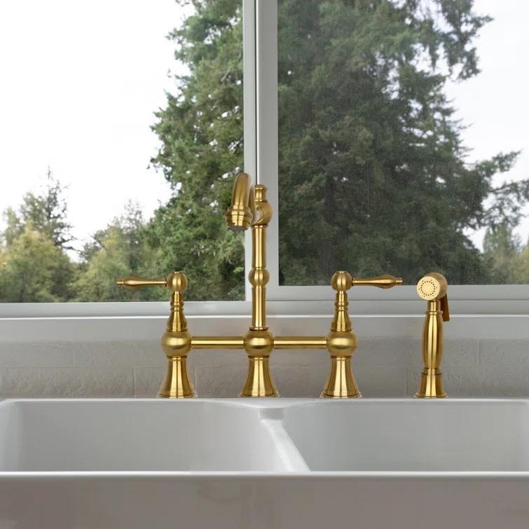 Brass Heritage Bridge Kitchen Faucet with Side Spray 2 Handles