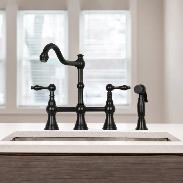 Brass Heritage Bridge Kitchen Faucet with Side Spray 2 Handles