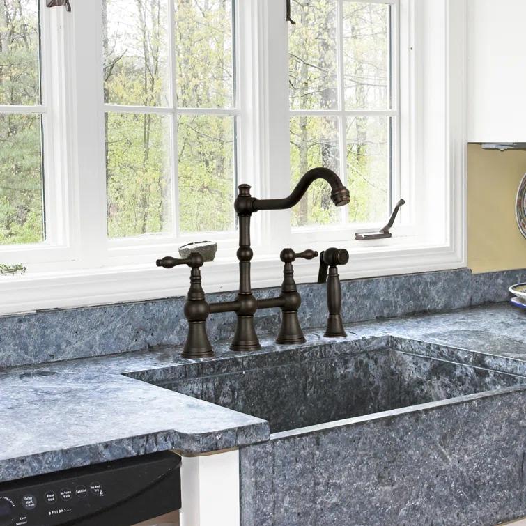 Brass Heritage Bridge Kitchen Faucet with Side Spray 2 Handles