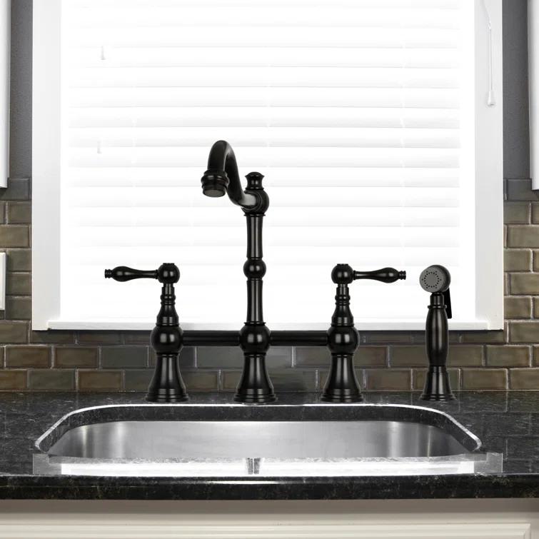 Brass Heritage Bridge Kitchen Faucet with Side Spray 2 Handles