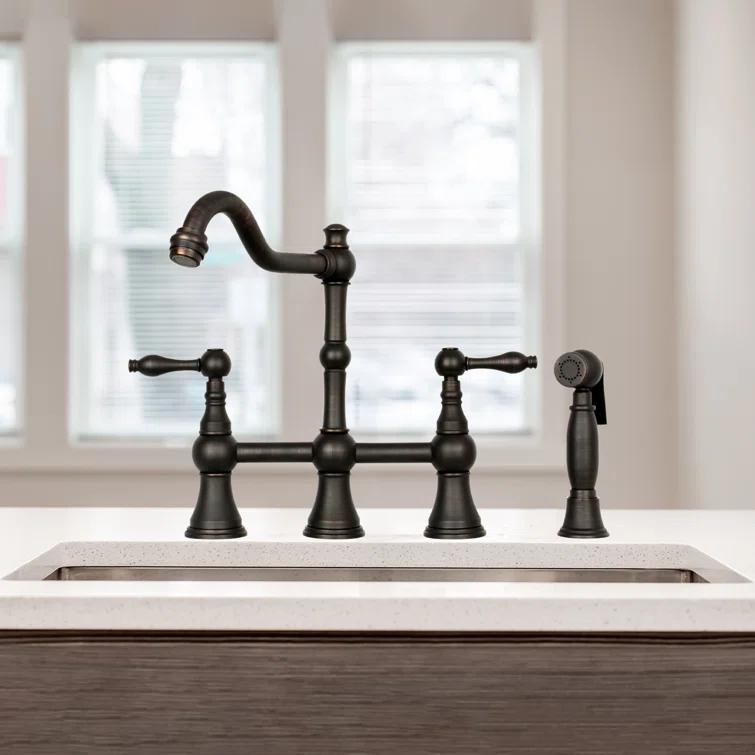 Brass Heritage Bridge Kitchen Faucet with Side Spray 2 Handles