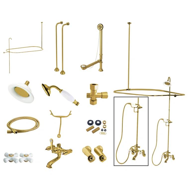 Kingston Brass Vintage Three-Handle 2-Hole Tub Wall Mount Clawfoot Tub Faucet Package with Shower Enclosure and Hand Shower