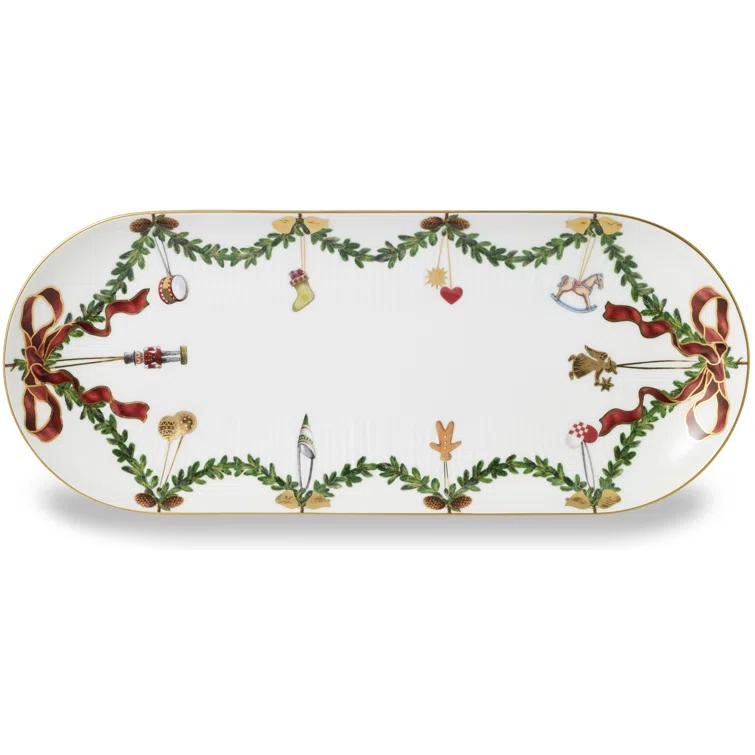 Royal Copenhagen Inspired Ceramic Tiered Oval Christmas Serving Platter