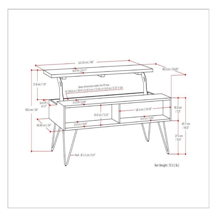 Hunter 48"W Solid Wood Industrial Lift Top Coffee Table with Hidden Storage and Metal Hairpin Legs