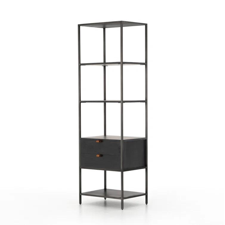 Contemporary Black Wash Poplar Bookshelf with Leather Pulls