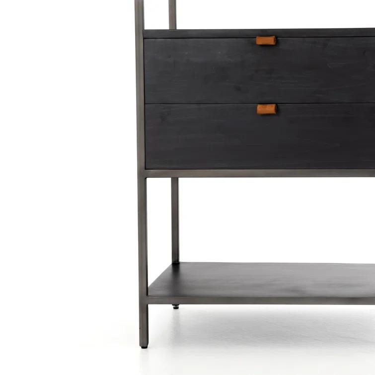 Contemporary Black Wash Poplar Bookshelf with Leather Pulls