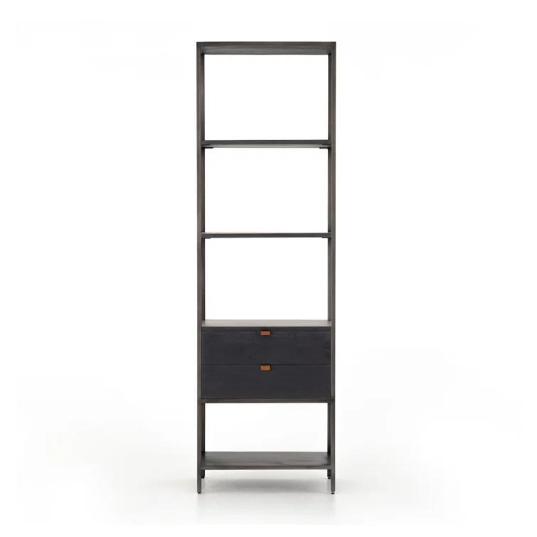 Contemporary Black Wash Poplar Bookshelf with Leather Pulls